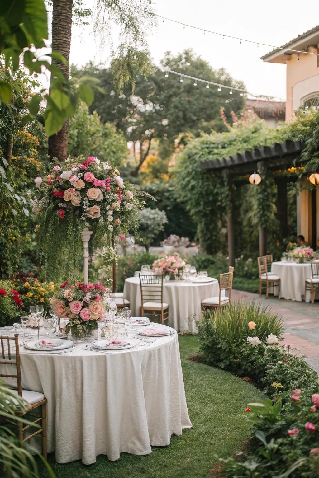 A refined garden party arrangement featuring exquisite floral centerpieces and premium china.