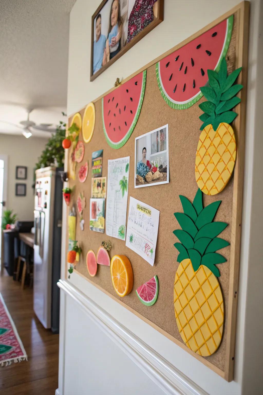 A bulletin board adorned with a tropical fruit motif, perfect for capturing summer vibes.