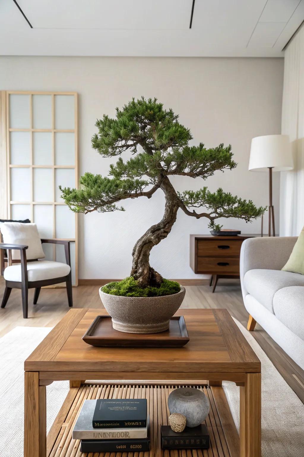 A classic vertical juniper bonsai contributing an air of sophistication to a minimalist living space.