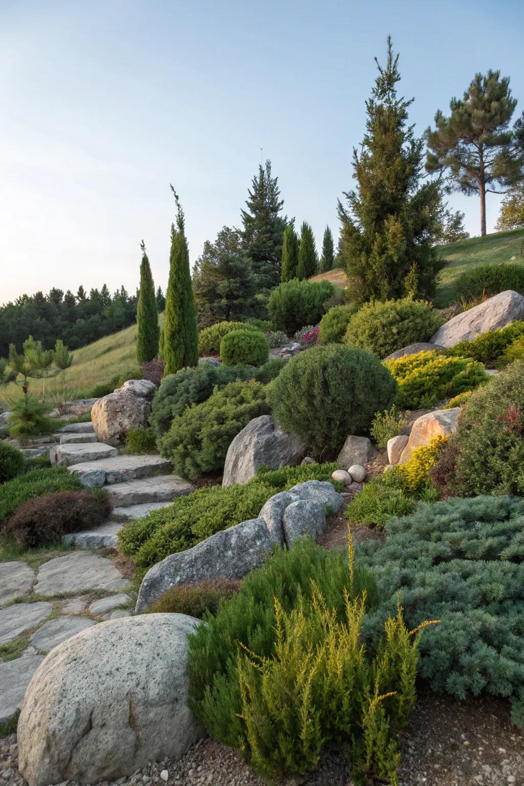 Stone and juniper garden design creating a calm hillside retreat