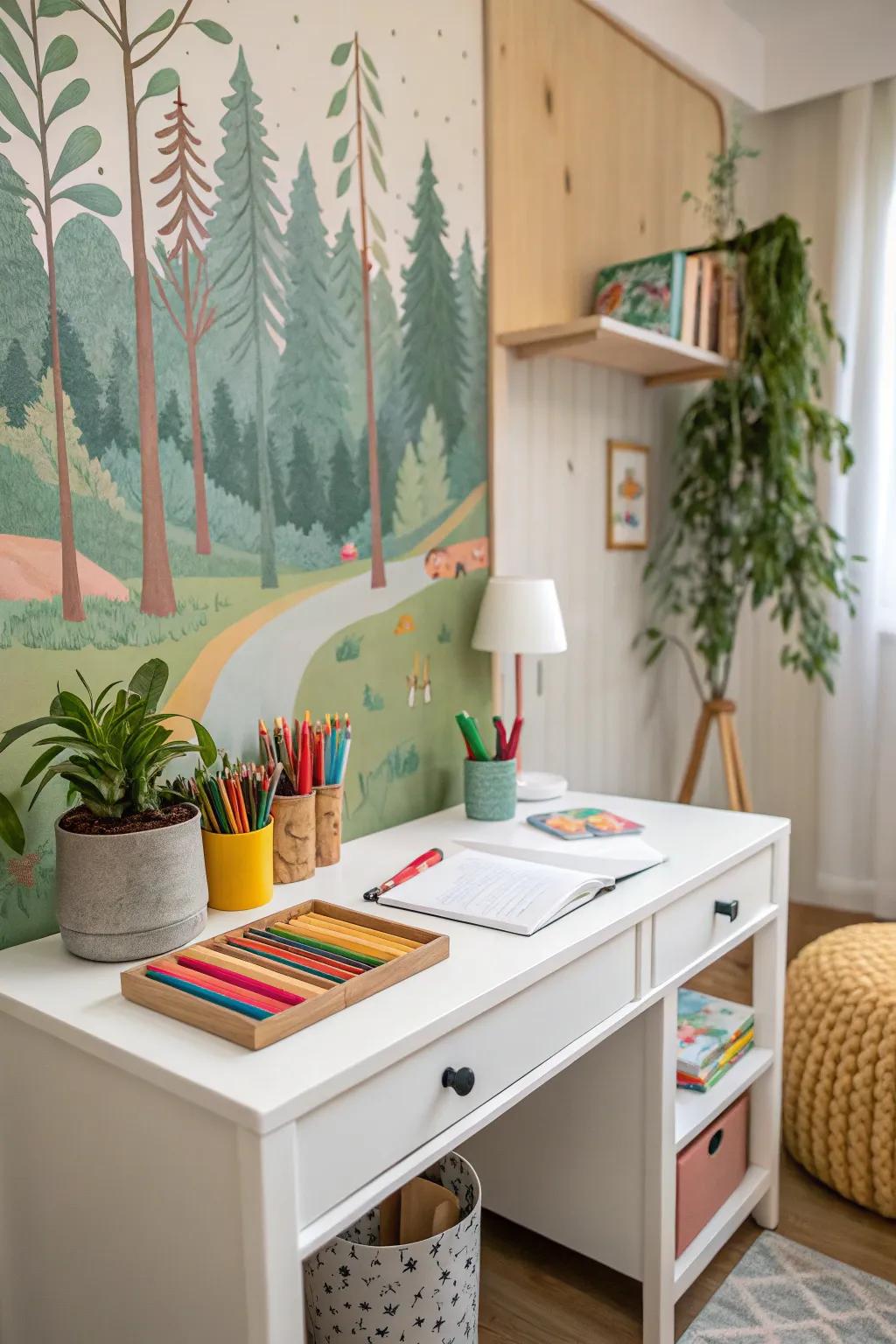 A whimsical mural has the power to transform a modest desk into a gateway to imaginative realms.
