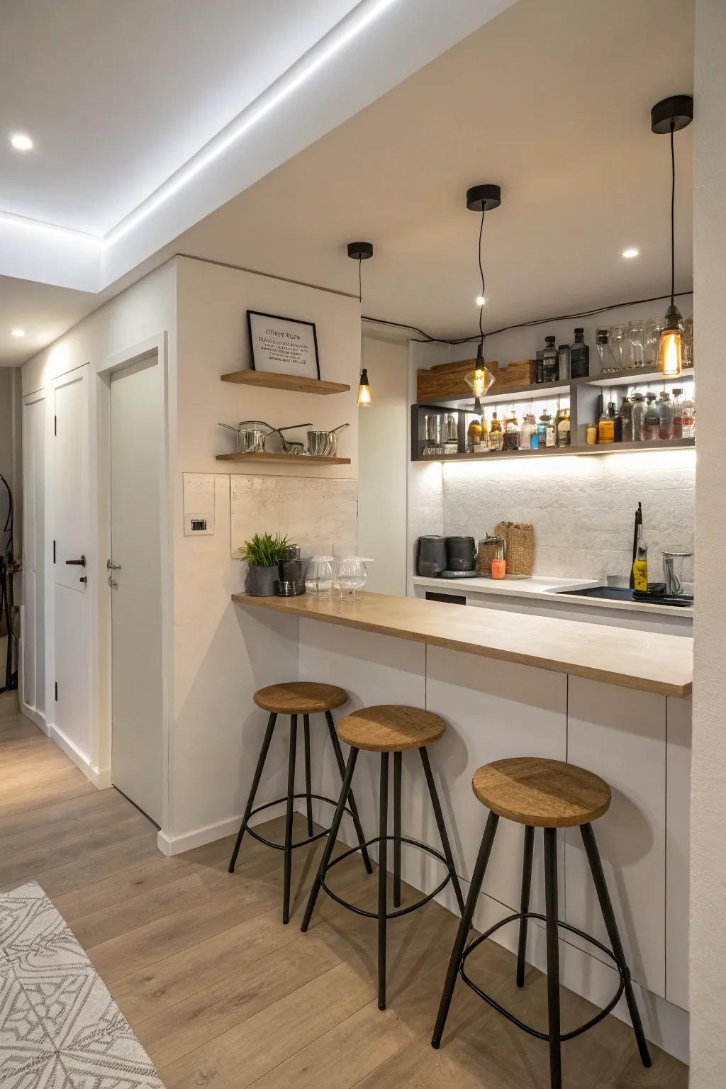 A floating bar offers functionality without compromising space.