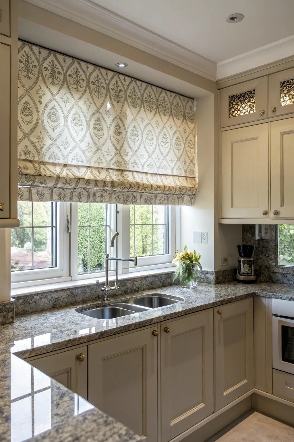 Roman blinds adding elegance to a modern kitchen