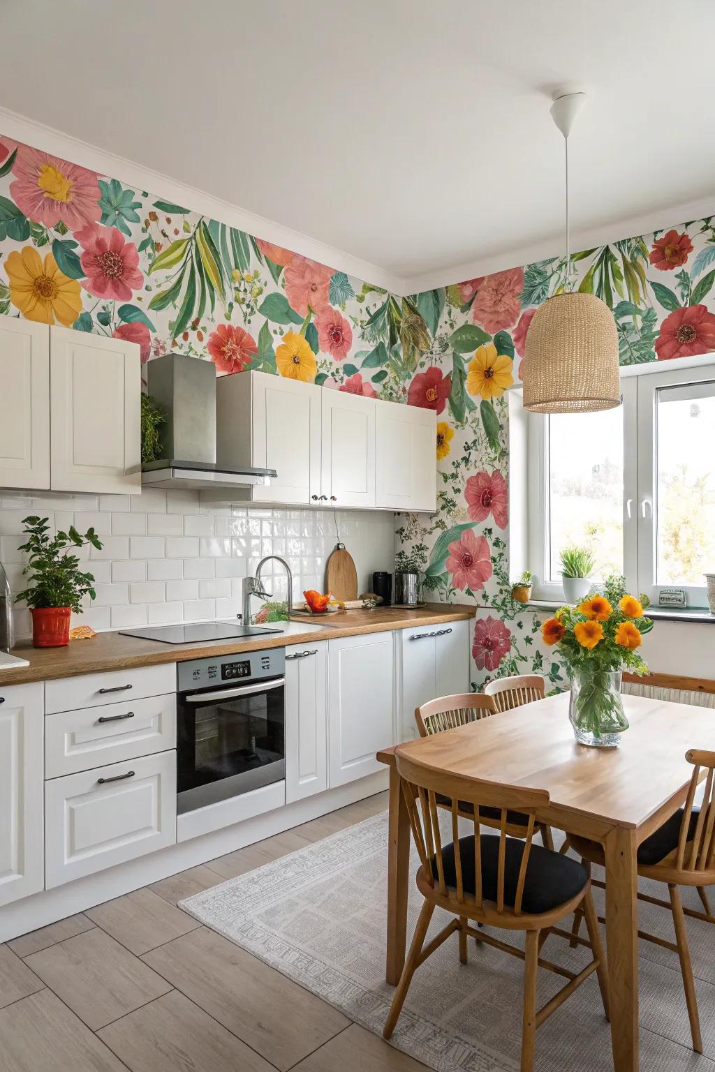Botanical wallpaper trims infuse your kitchen with nature’s charm, crafting an inviting atmosphere.