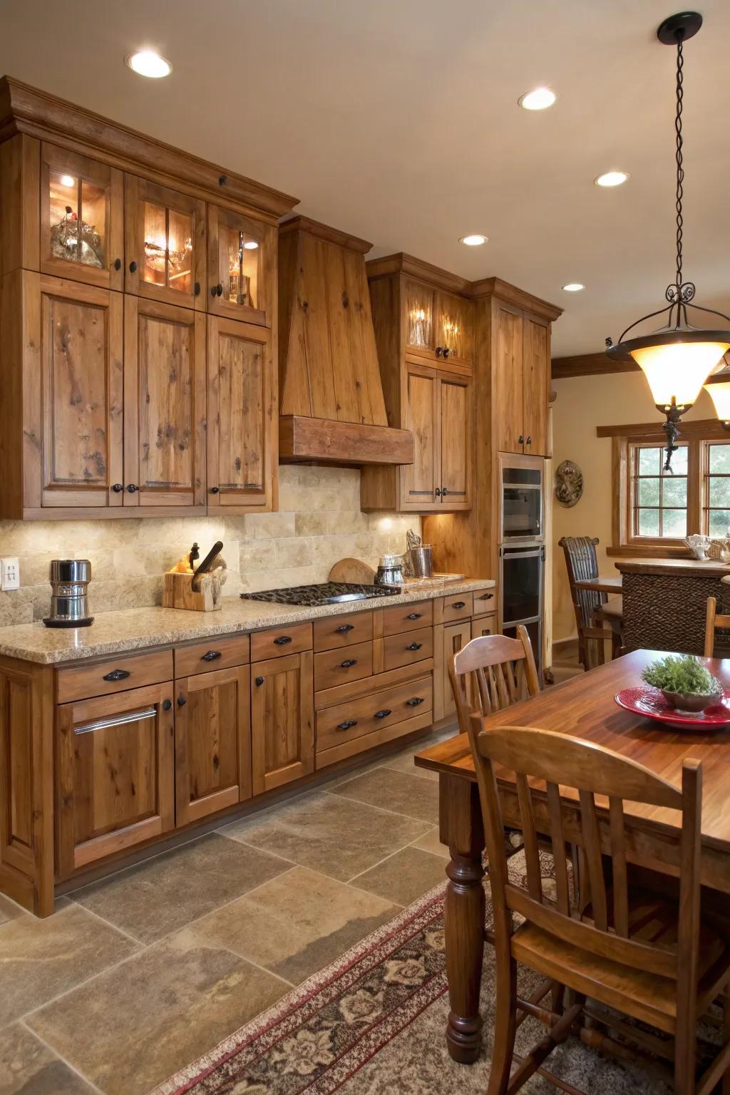 Undisturbed wood treatment exudes comfort and sophistication, enhancing any kitchen aesthetic.