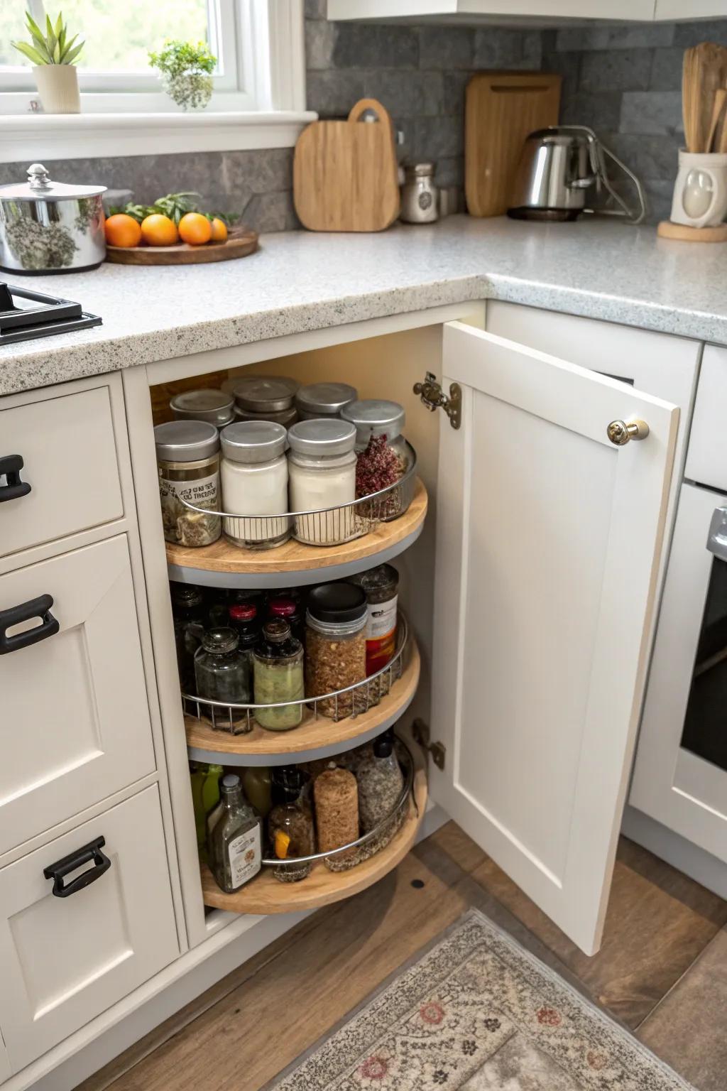 A rotating tray maximizes storage and enhances access in corner cabinets.
