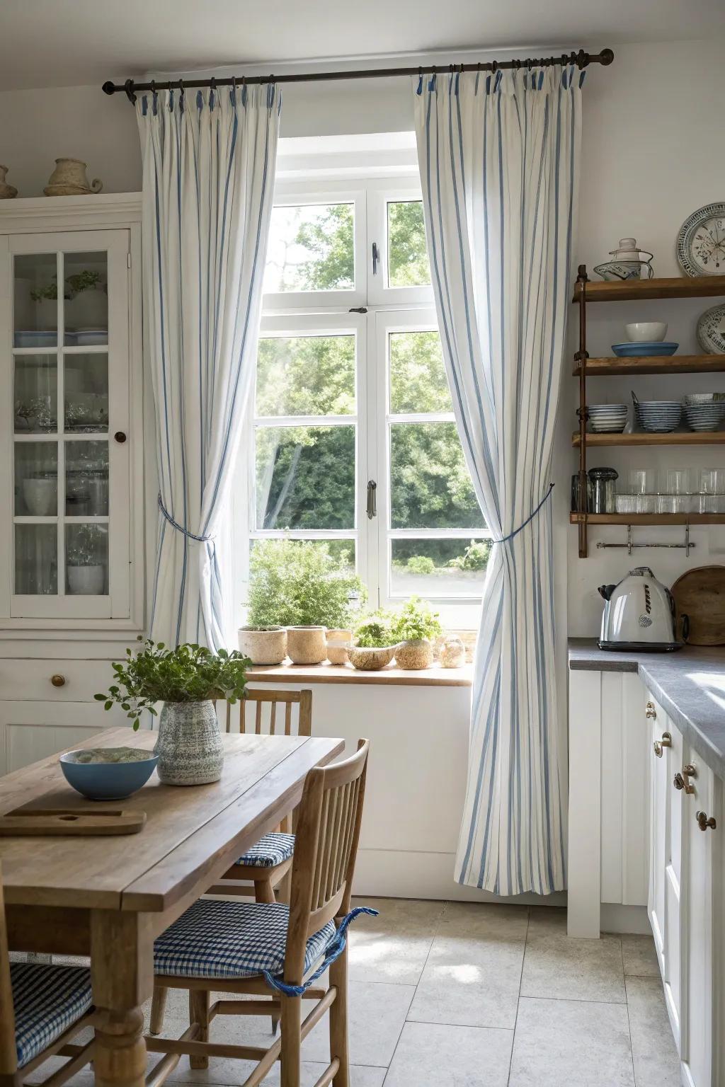 Classic striped window coverings impart a dash of refinement to this cooking area.