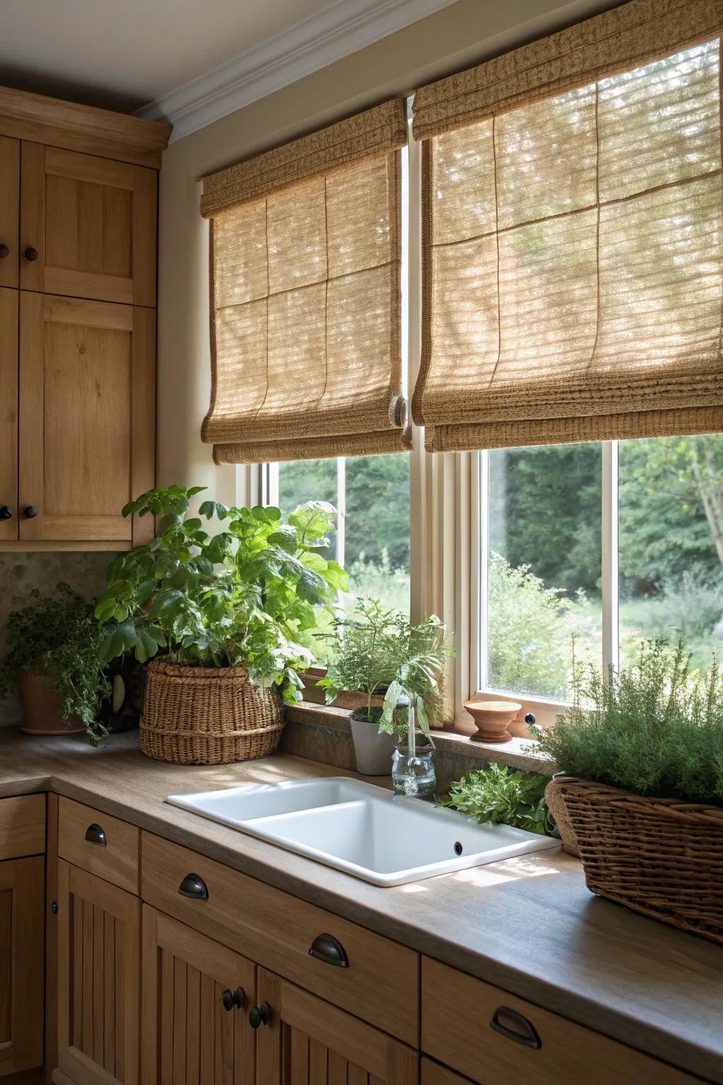 Woven Roman shades infuse a natural element into your kitchen's aesthetic.