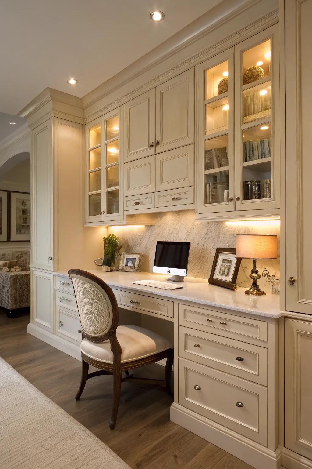 A kitchen desk seamlessly integrated with the cabinetry, providing a cohesive and harmonious design.