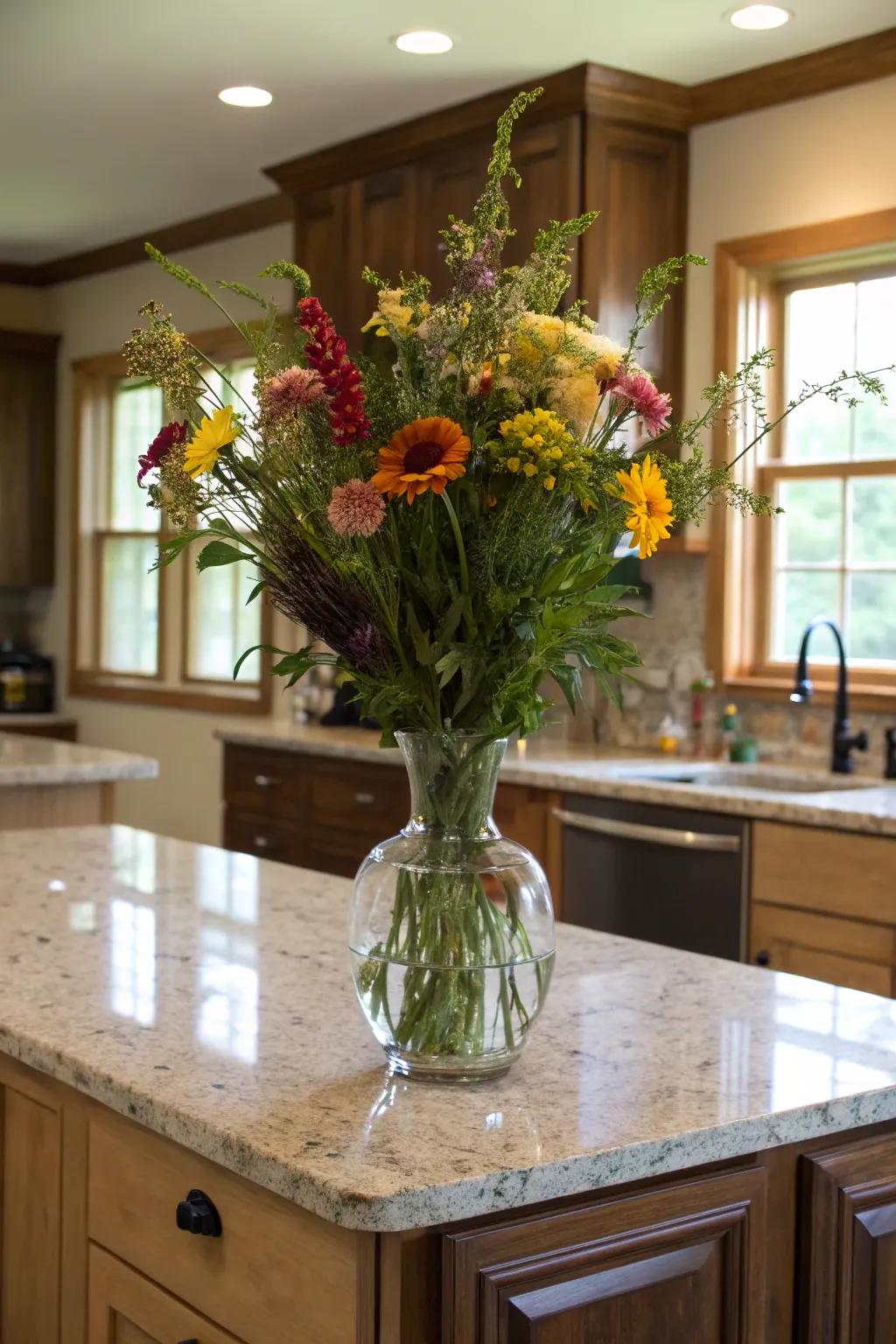 A vibrant floral centerpiece breathes life and vitality into the kitchen.
