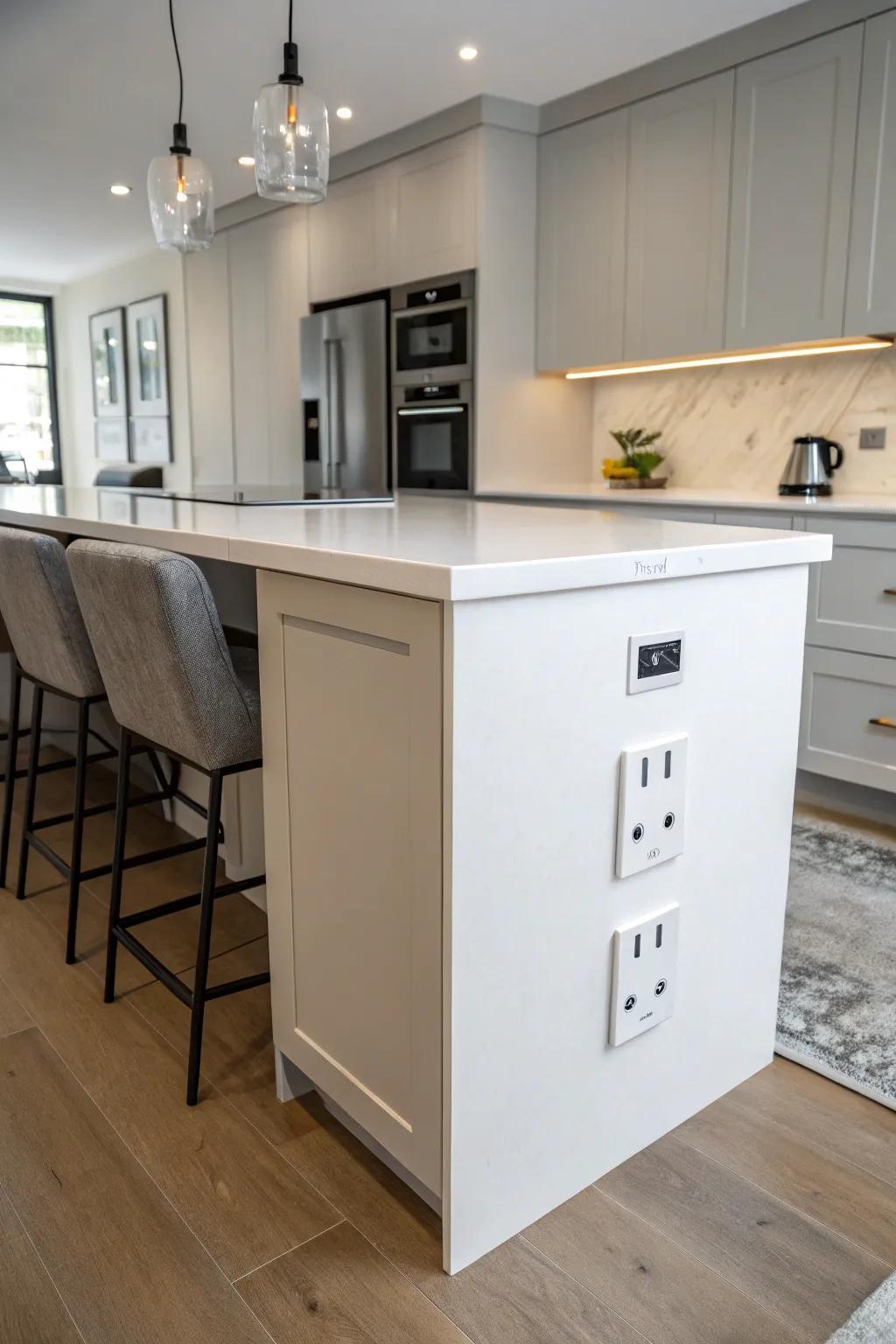 Concealed outlets preserve the pristine lines of a contemporary kitchen.