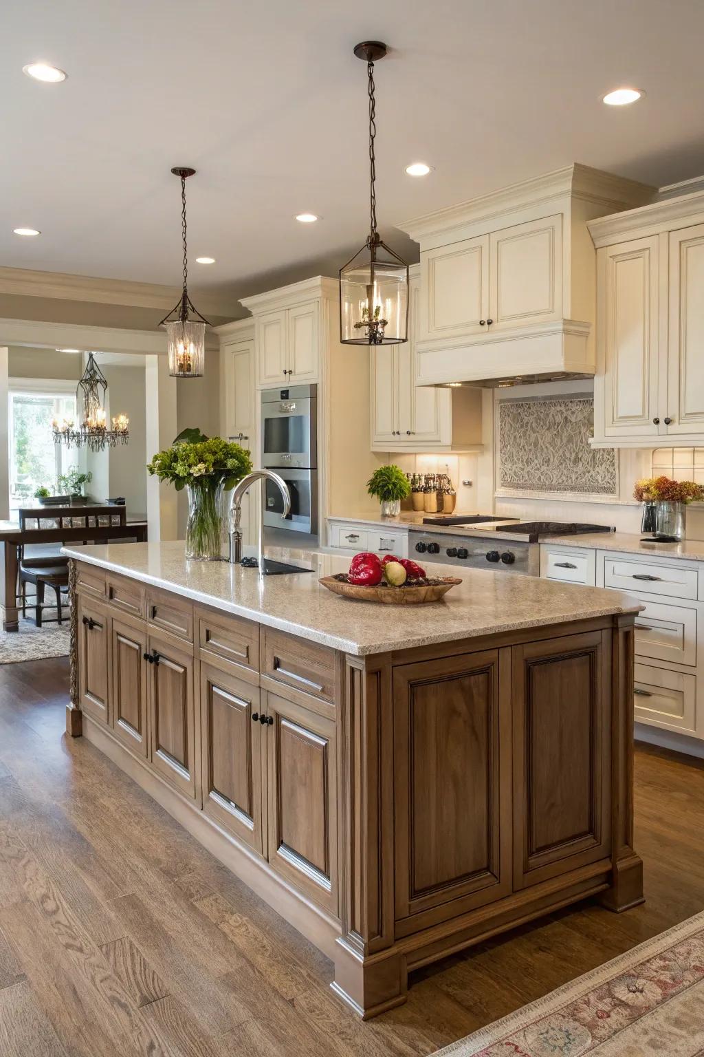 A kitchen island featuring classical paneling for an air of sophistication.