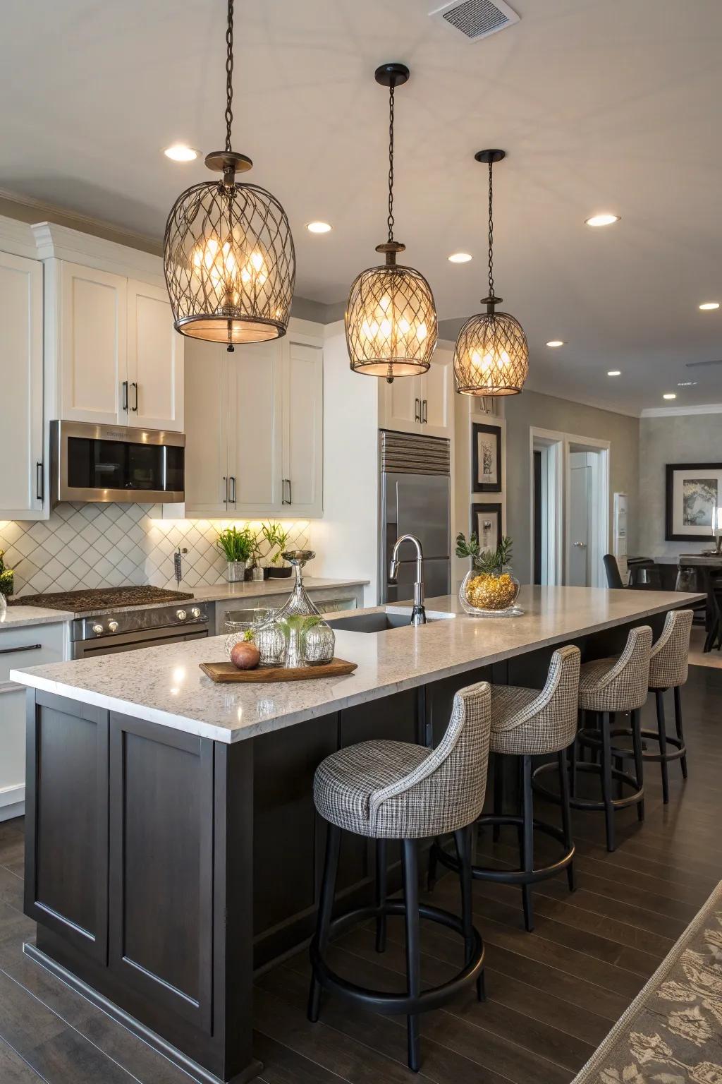 Pendant luminaires gracefully illuminate a contemporary culinary island, forging a harmonious fusion of style and functionality.