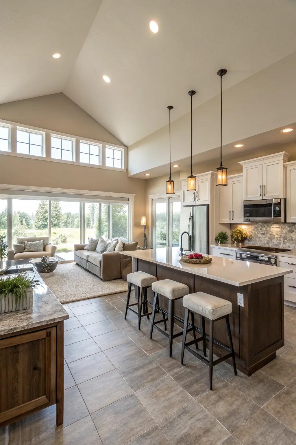 A kitchen with an open layout seamlessly connected to the living area.