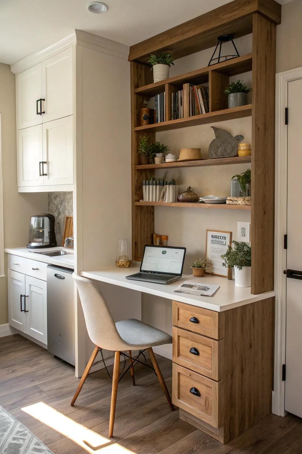 A welcoming and efficient corner workspace in the kitchen area.