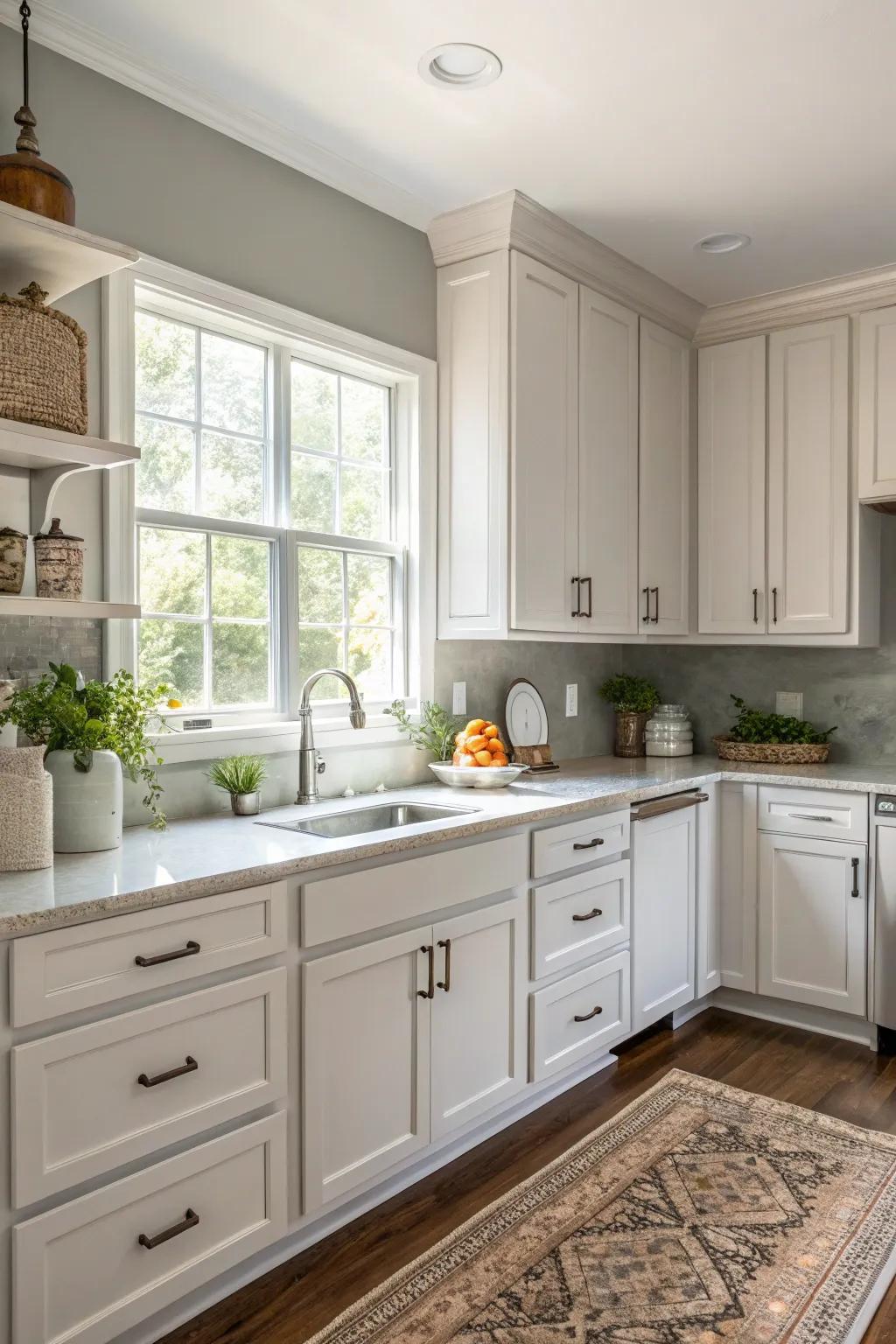 Delicate ash walls present a subtle contrast to white cabinets.