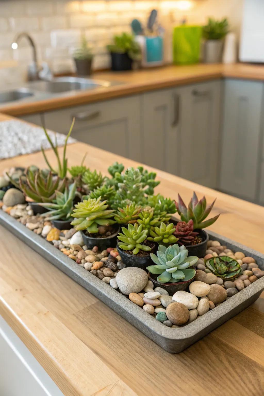 The subtle introduction of greenery through succulents animates the kitchen atmosphere.
