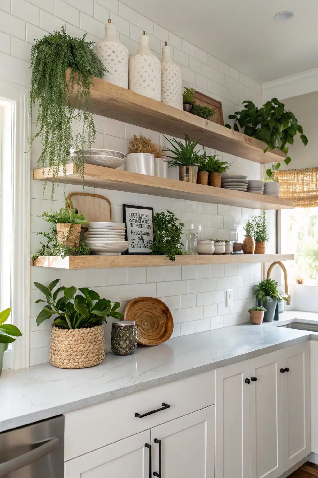 Floating shelves in a modern kitchen artfully arranged with greenery and decor.