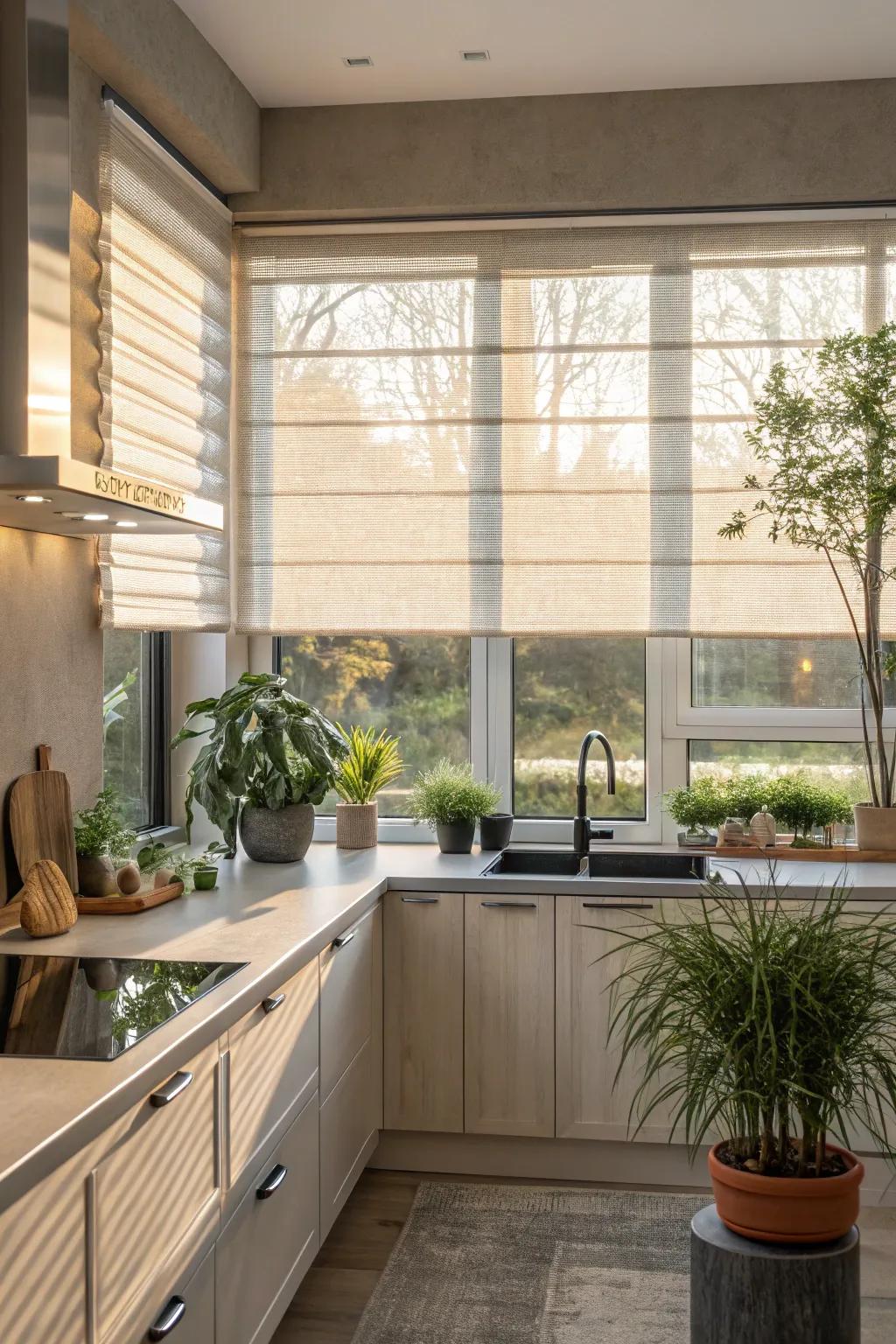 Lightweight coverings provide both illumination and seclusion, shaping a tranquil kitchen setting.