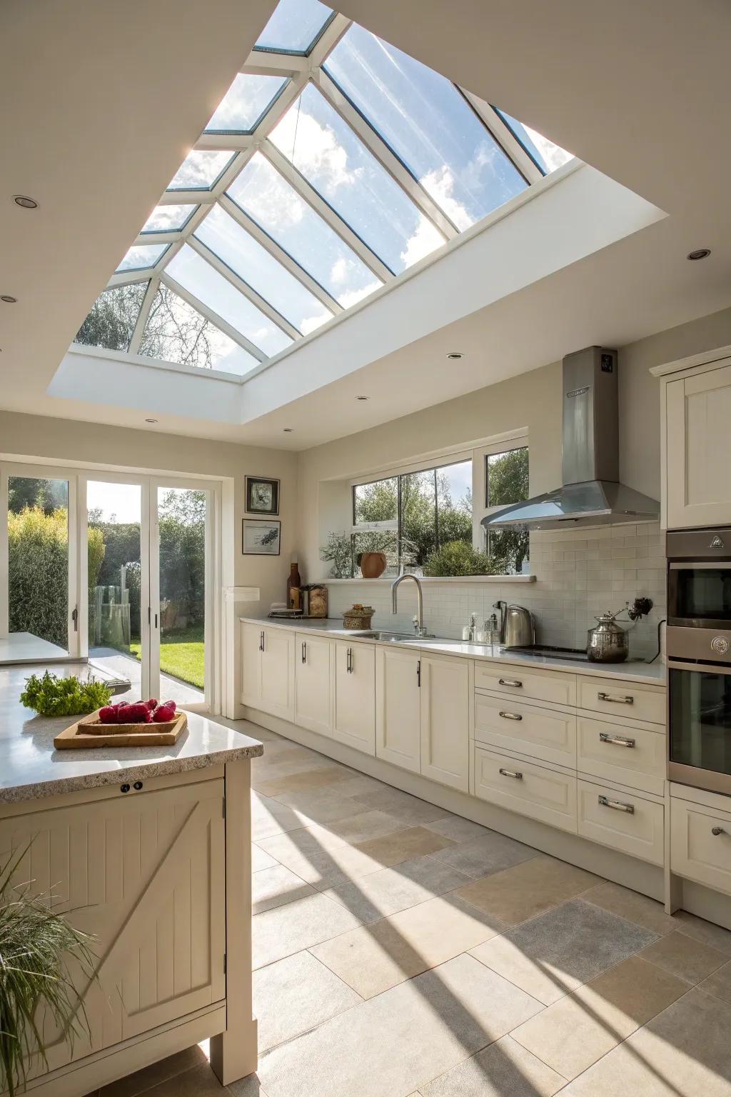 A skylight bathes this kitchen in natural light, fostering a welcoming and cheerful environment.
