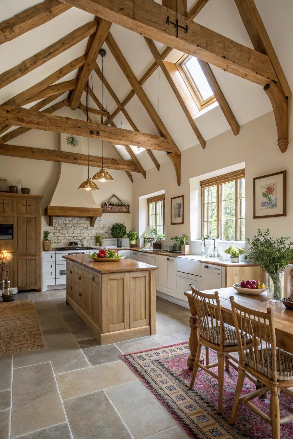 Uncovered timber beams bestow a rustic aesthetic upon this kitchen with a vaulted ceiling.