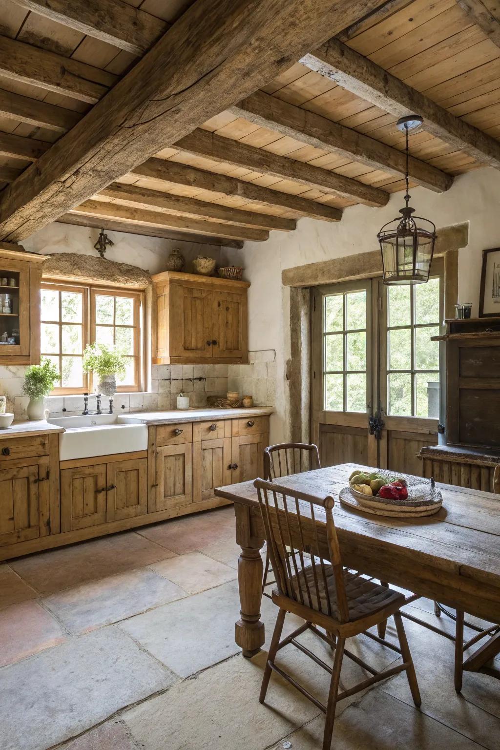 Exposed beams lend personality and coziness to this kitchen with a high ceiling.