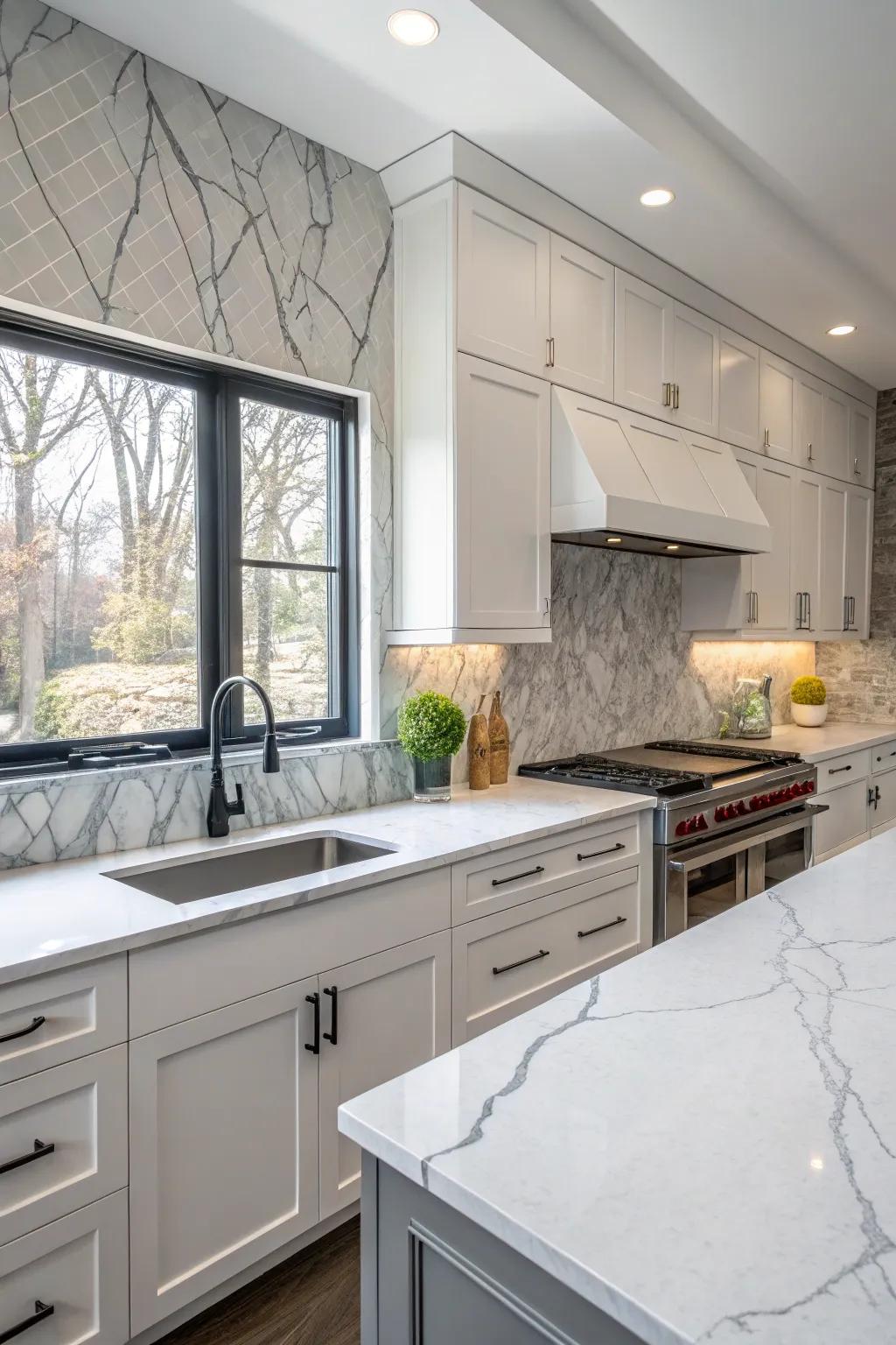 Timeless white quartz countertops accentuated by subtle gray patterns.