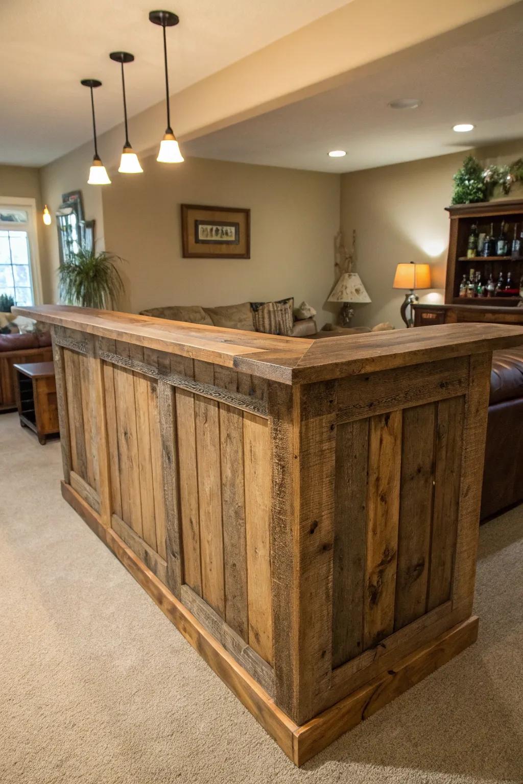 Repurposed timber imparts earthy appeal to this L-shaped bar.