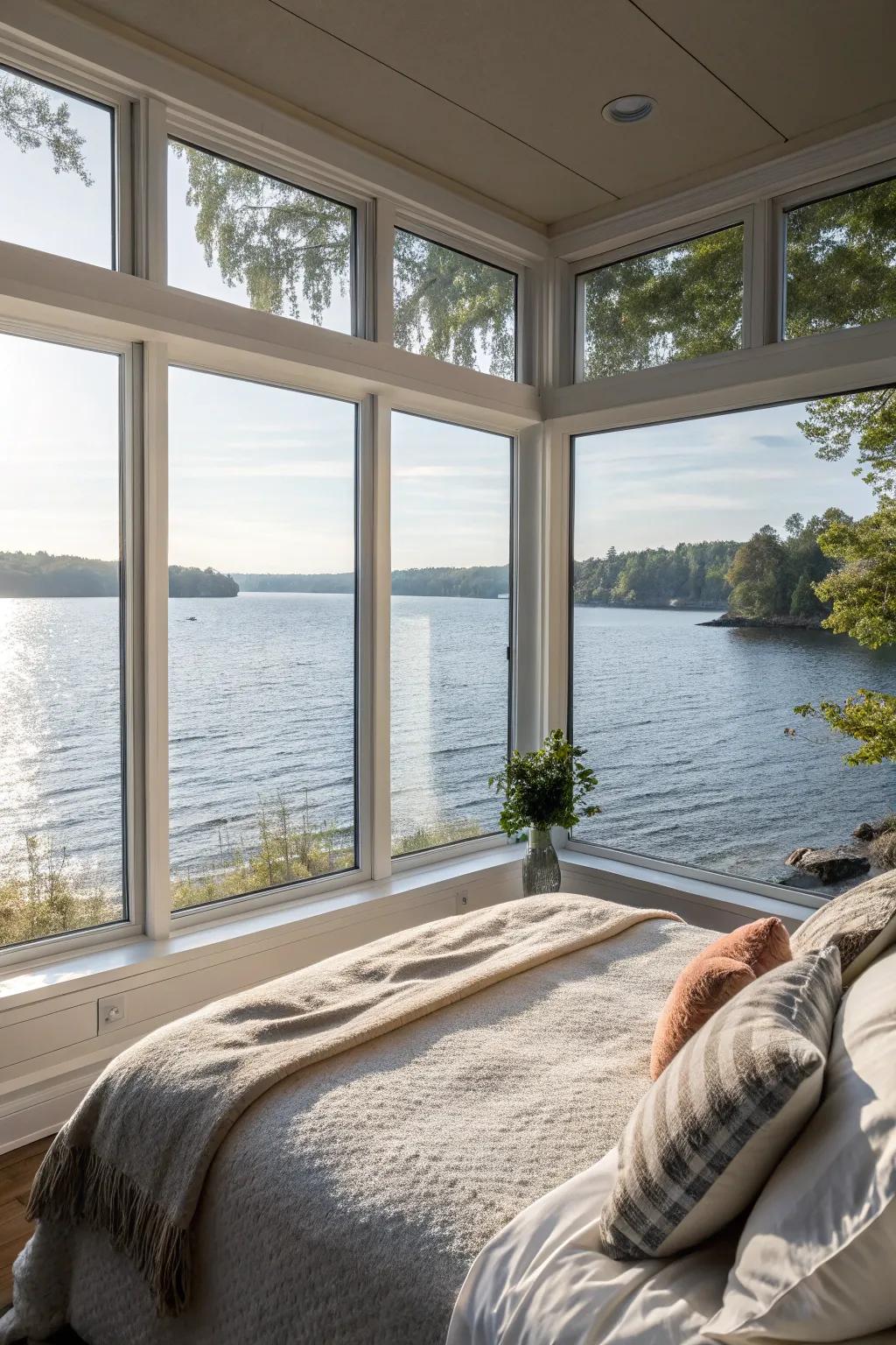 Large windows invite natural light and showcase stunning vistas in the bedroom.