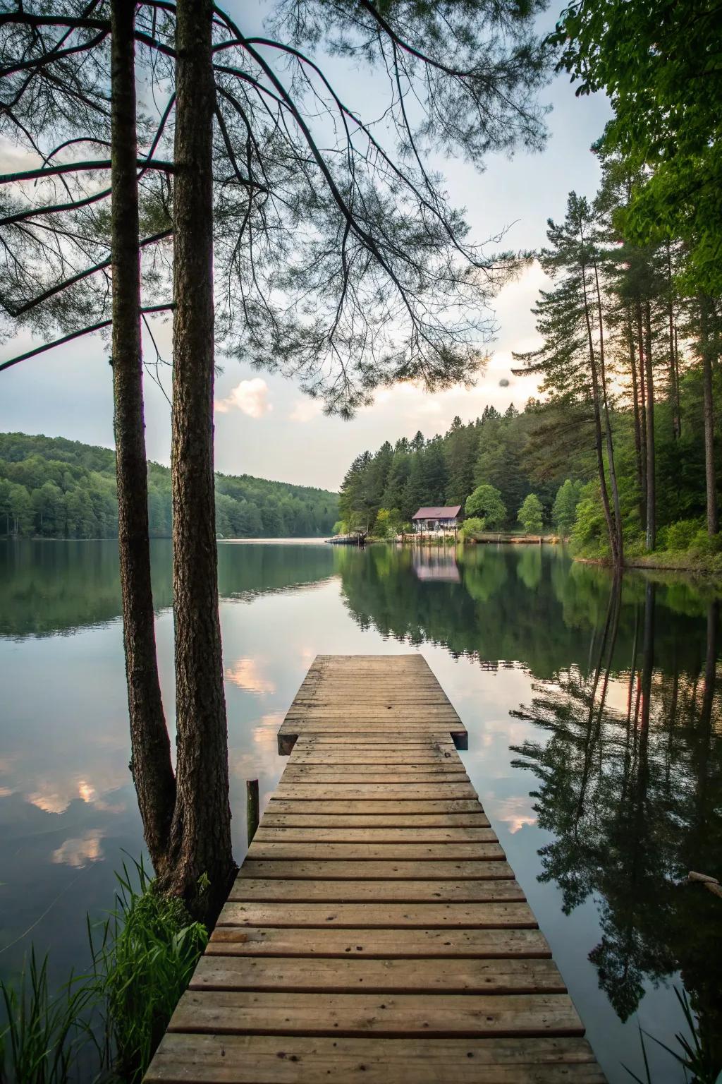 A wooden dock stretching into a placid lake, ideal for serenity.