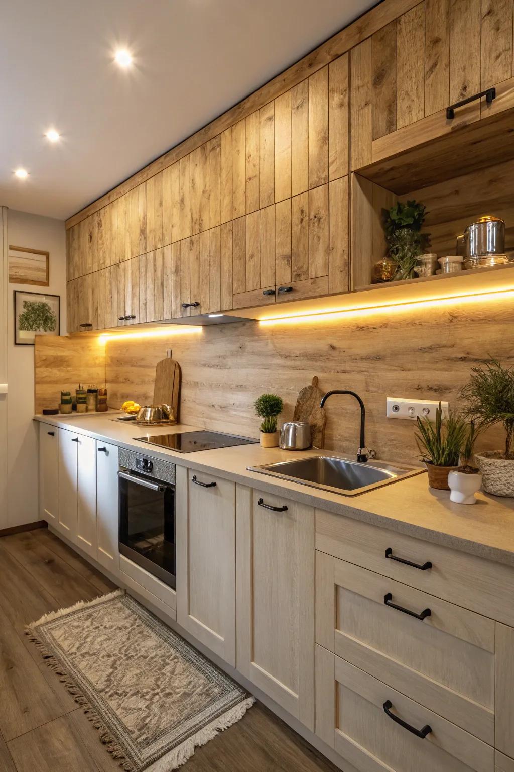 Wood-style laminate introduces a relaxing, country-inspired mood to your kitchen.