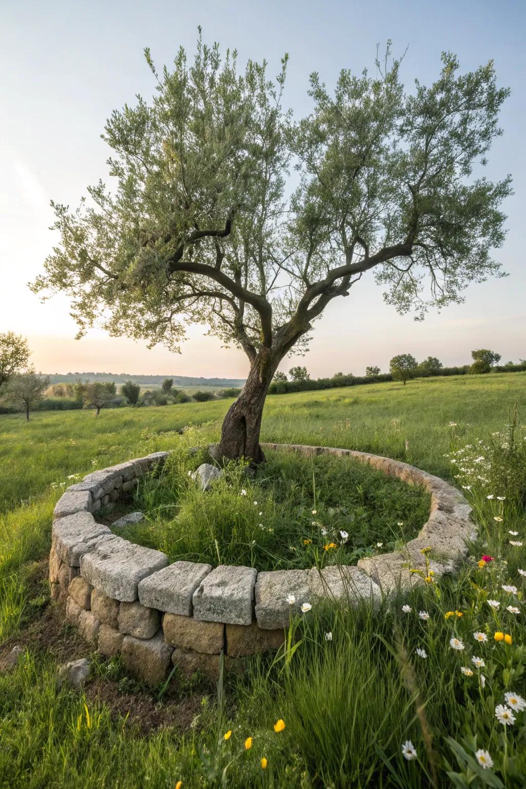 An attractive stone border enriches the inherent charm of any tree.