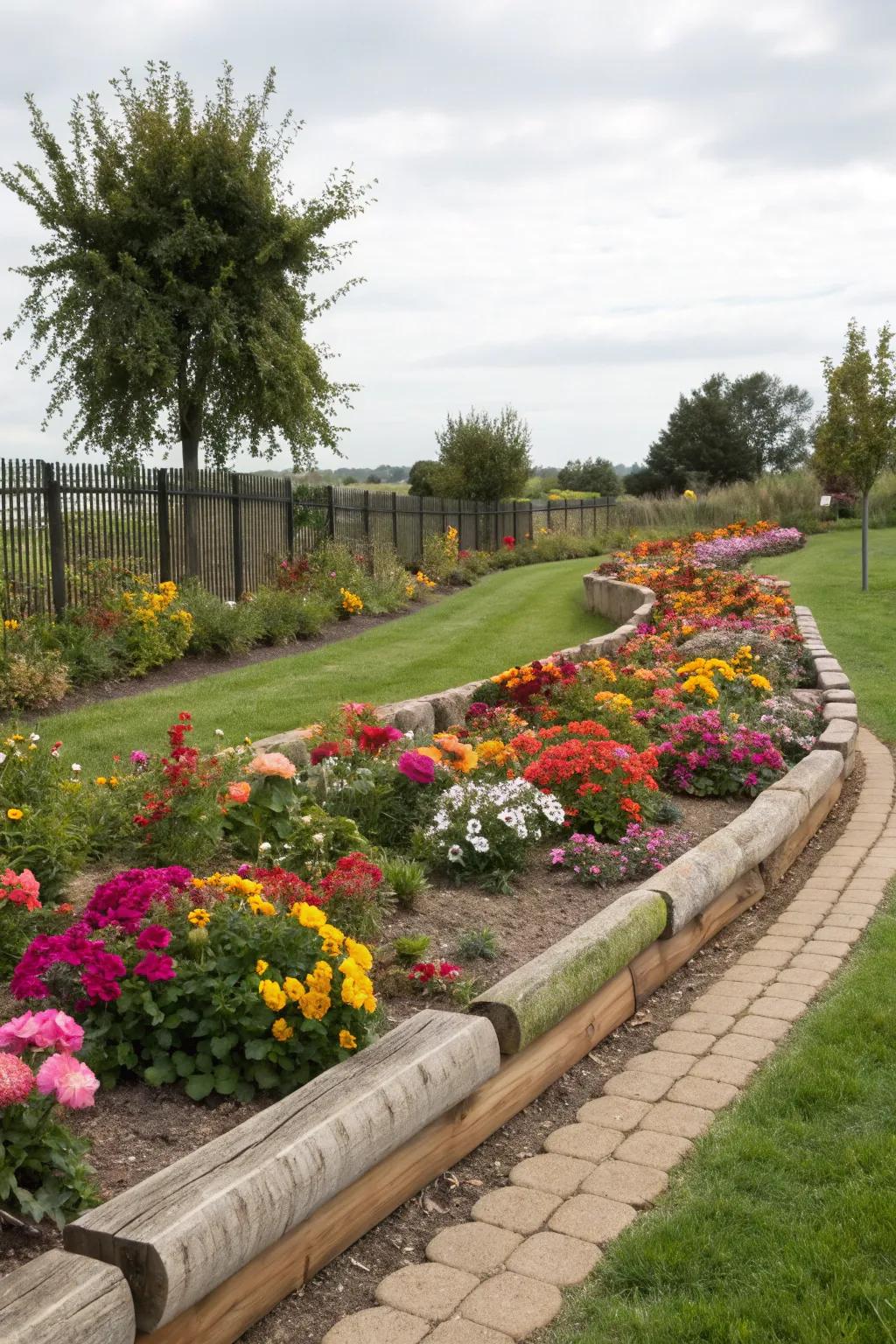Wooden planks provide sharply defined borders for garden beds.