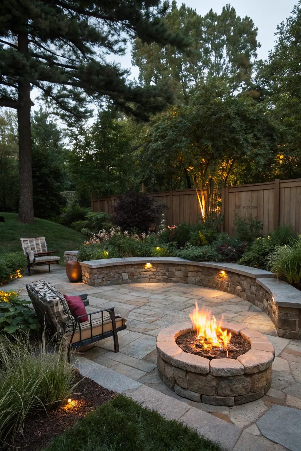 An attractive hearth area featuring stone chairs, ideal for twilight get-togethers.