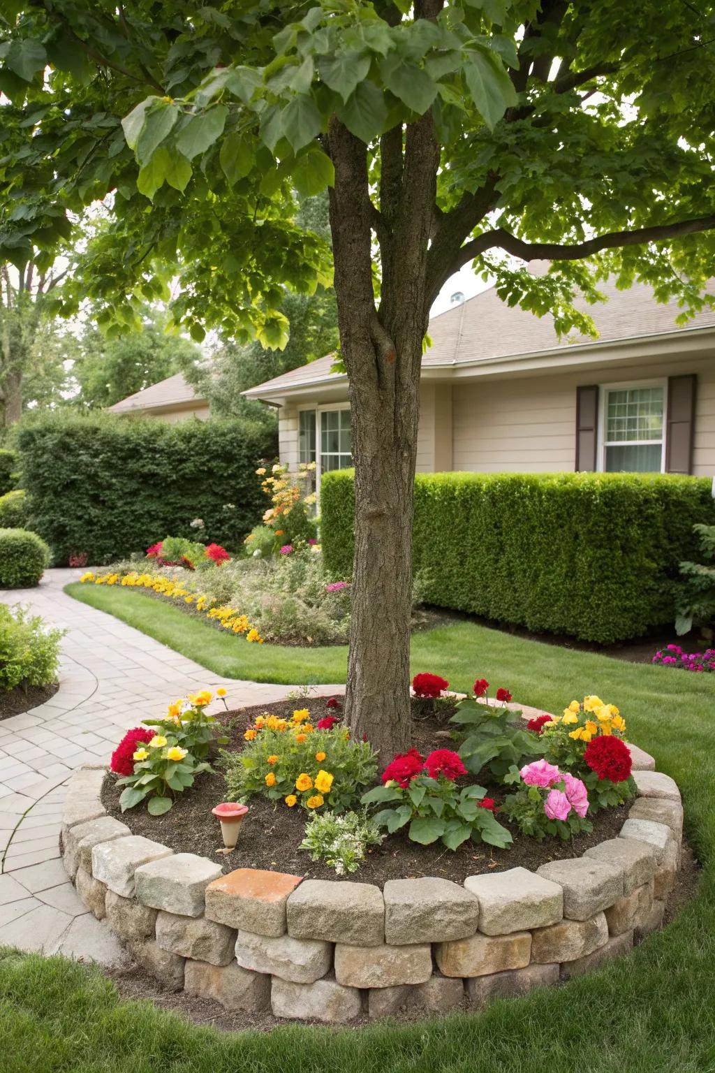 A tree gracefully bordered with stones, enhancing the garden's intrinsic beauty.