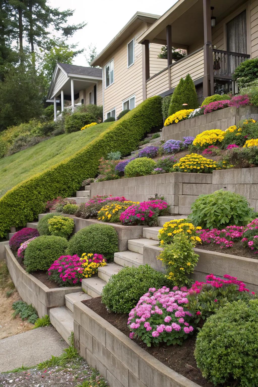 Tiered gardens transform inclined areas into beautiful, functional planting zones.