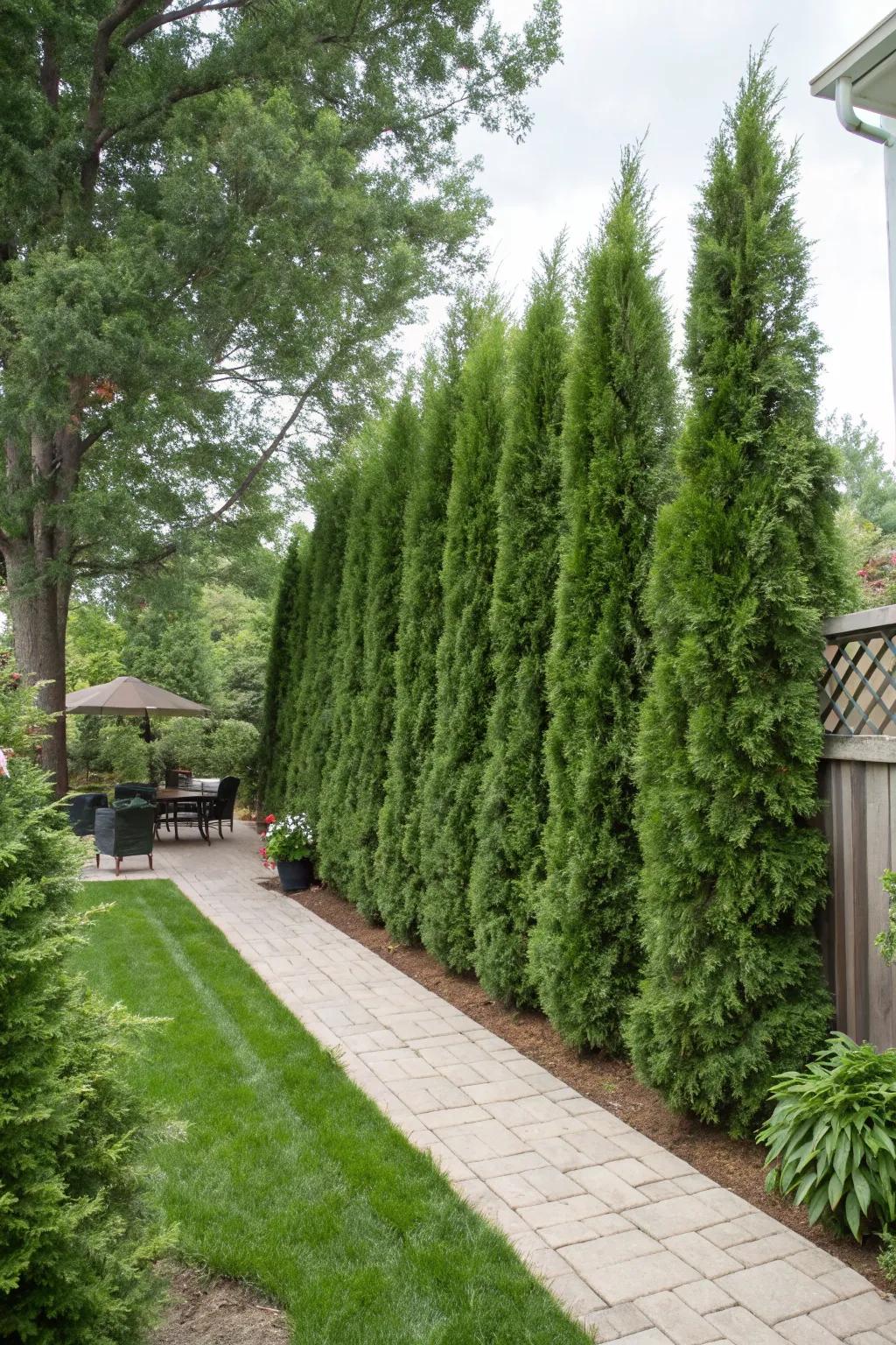 A lush barrier of thuja offers both visual appeal and seclusion.