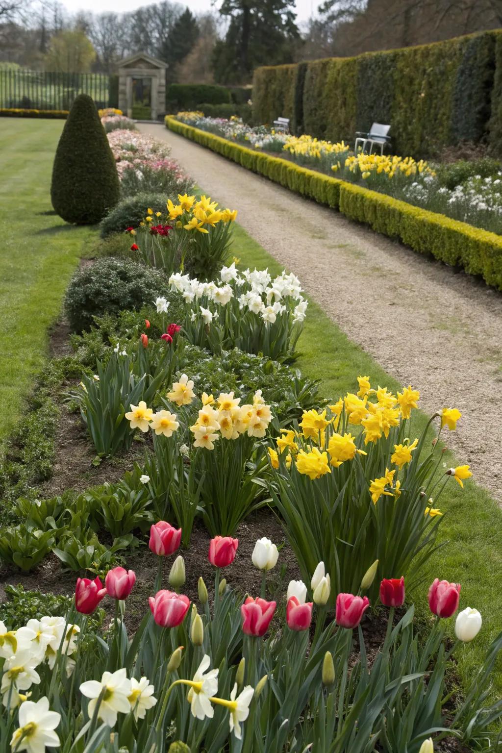 Tulips and daffodils bordering a garden plot, infusing dynamic color and structure.