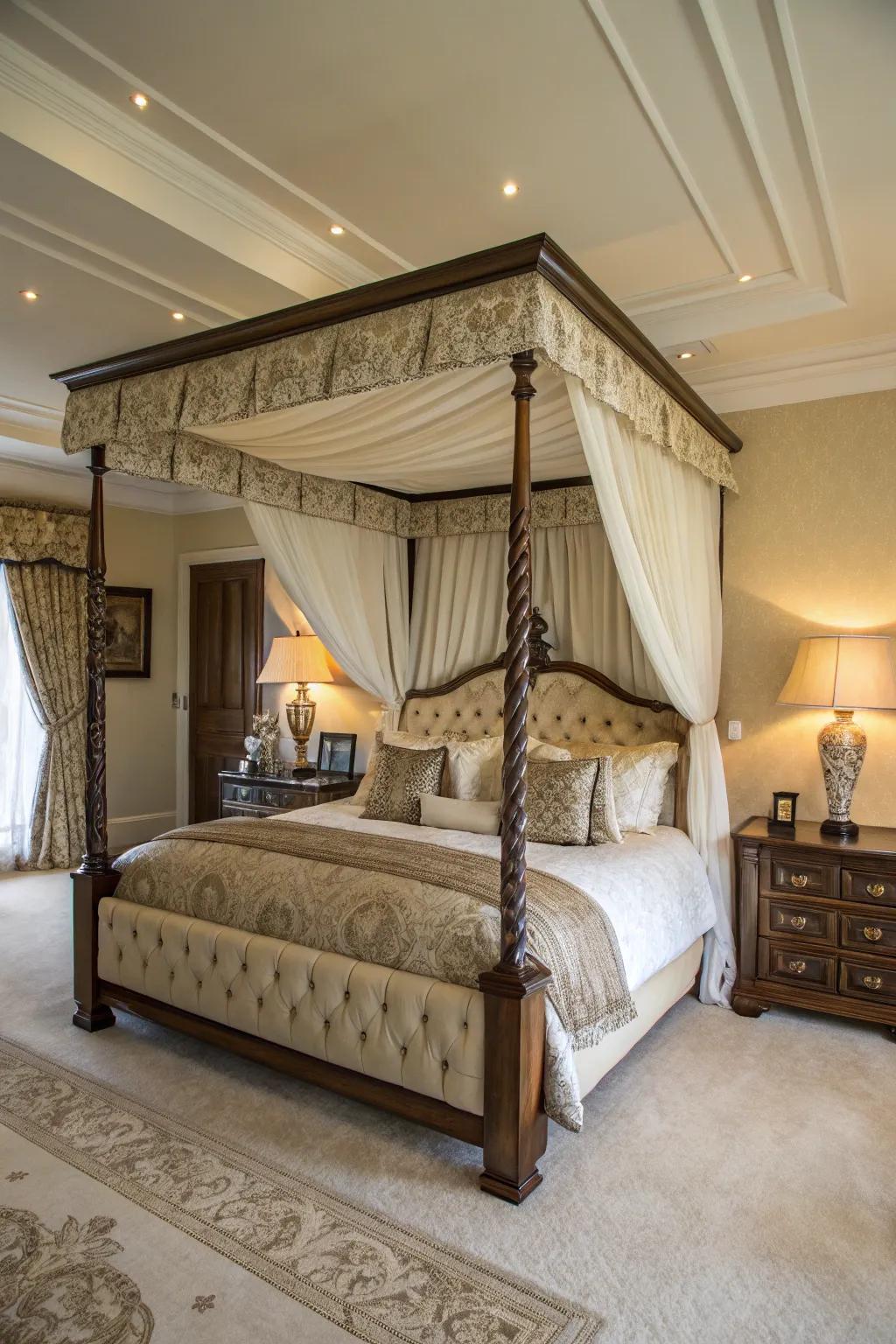 An impressive canopy bed serves as the cornerstone of this large bedroom, promoting harmony and sophistication.