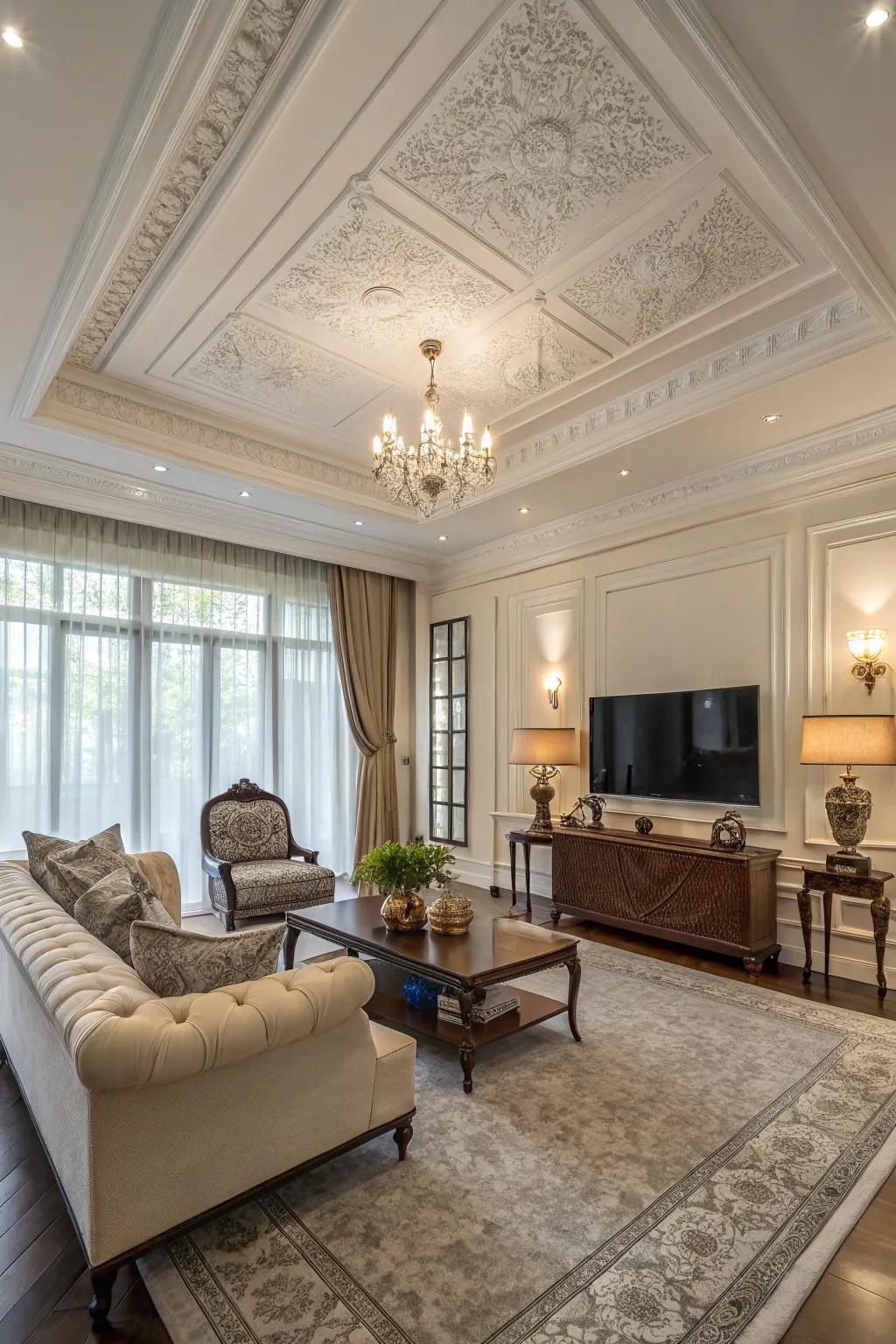 A generously proportioned living room, adorned with expansive crown molding, thereby augmenting the room's inherent majesty.