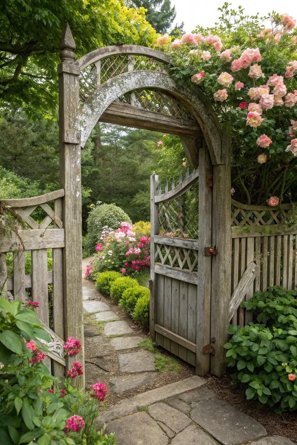 A classic wooden arched gate offers a charming entrance to any garden.
