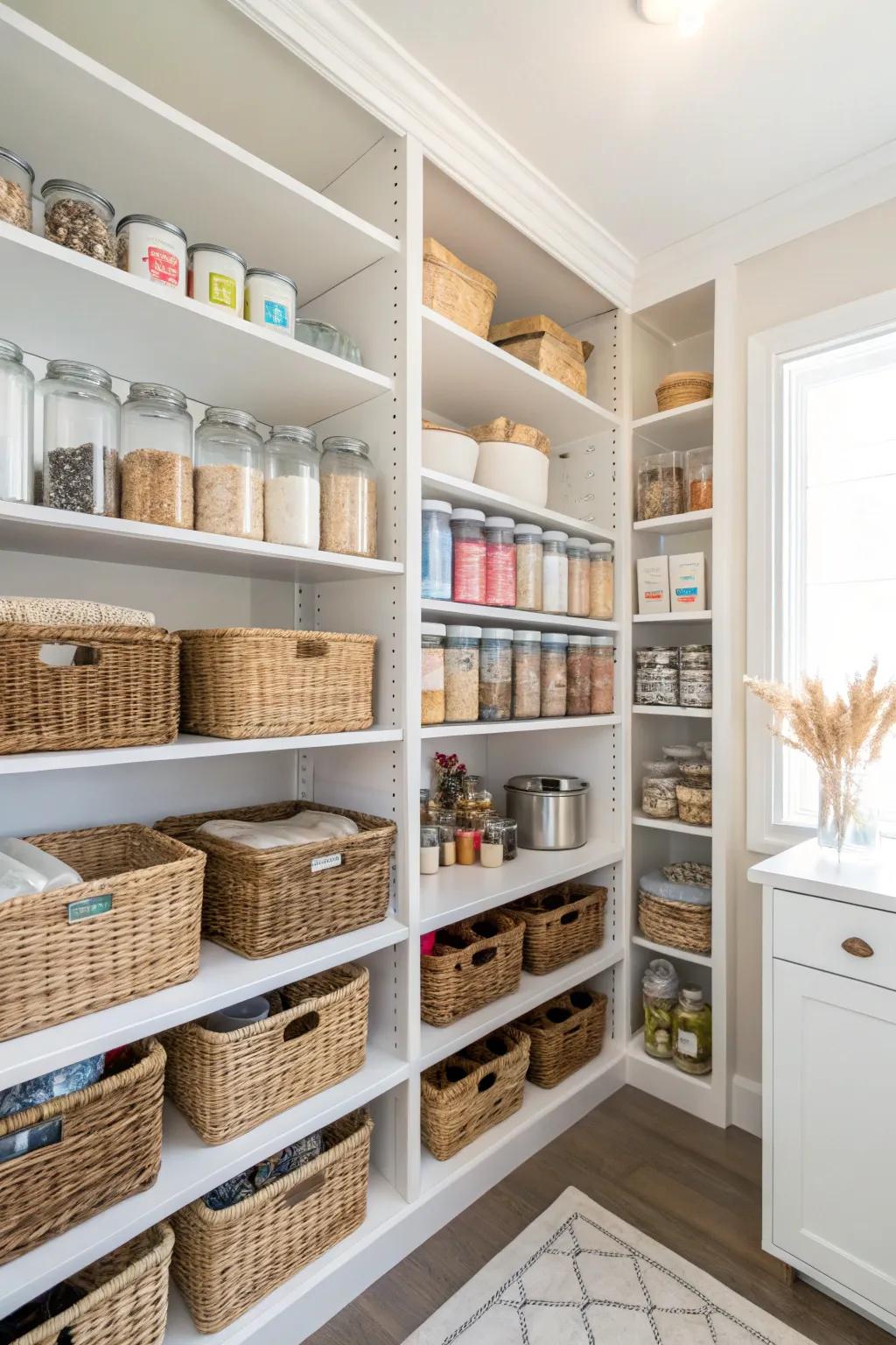 Adaptable shelving enables your pantry to accommodate all storage demands.