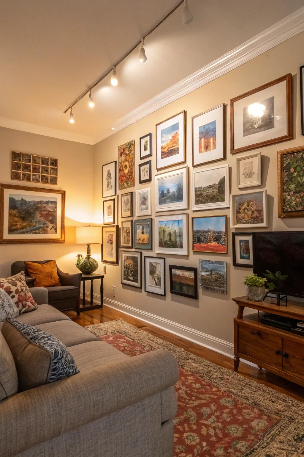 Construct a harmonious gallery wall utilizing sizable frames.