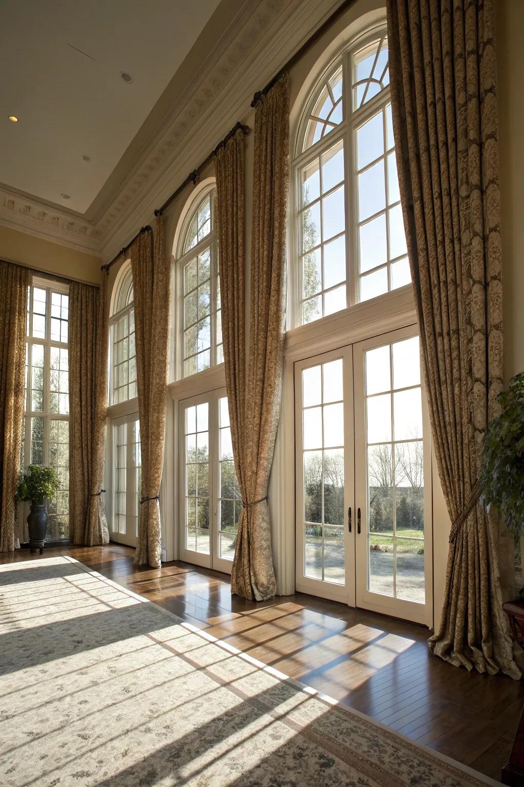 Full-length drapes highlight the magnificence of large windows.