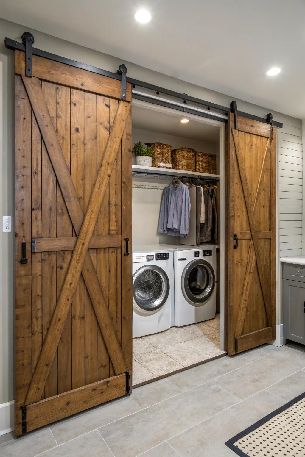 Sliding barn doors impart a rustic feel while conserving space.