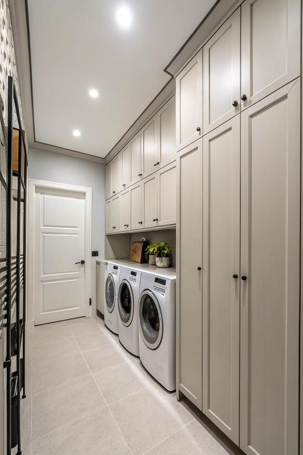 Make use of upright storage units to optimize storage in smaller laundry spaces.