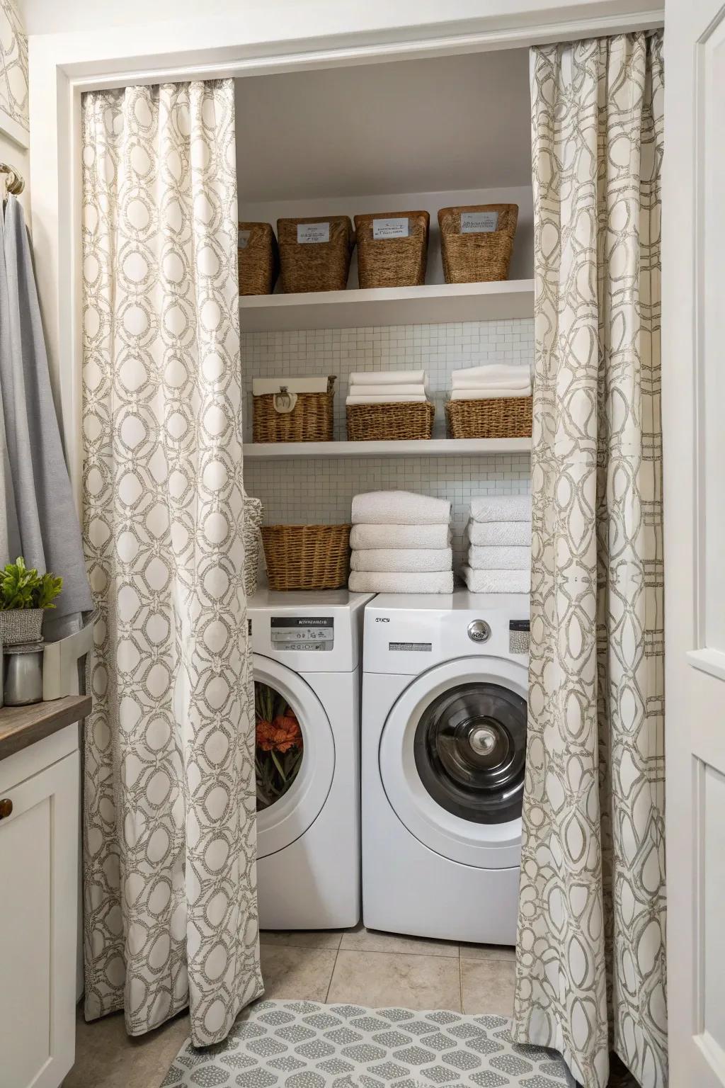 Using drapes to hide appliances adds a dash of sophistication to your laundry area.
