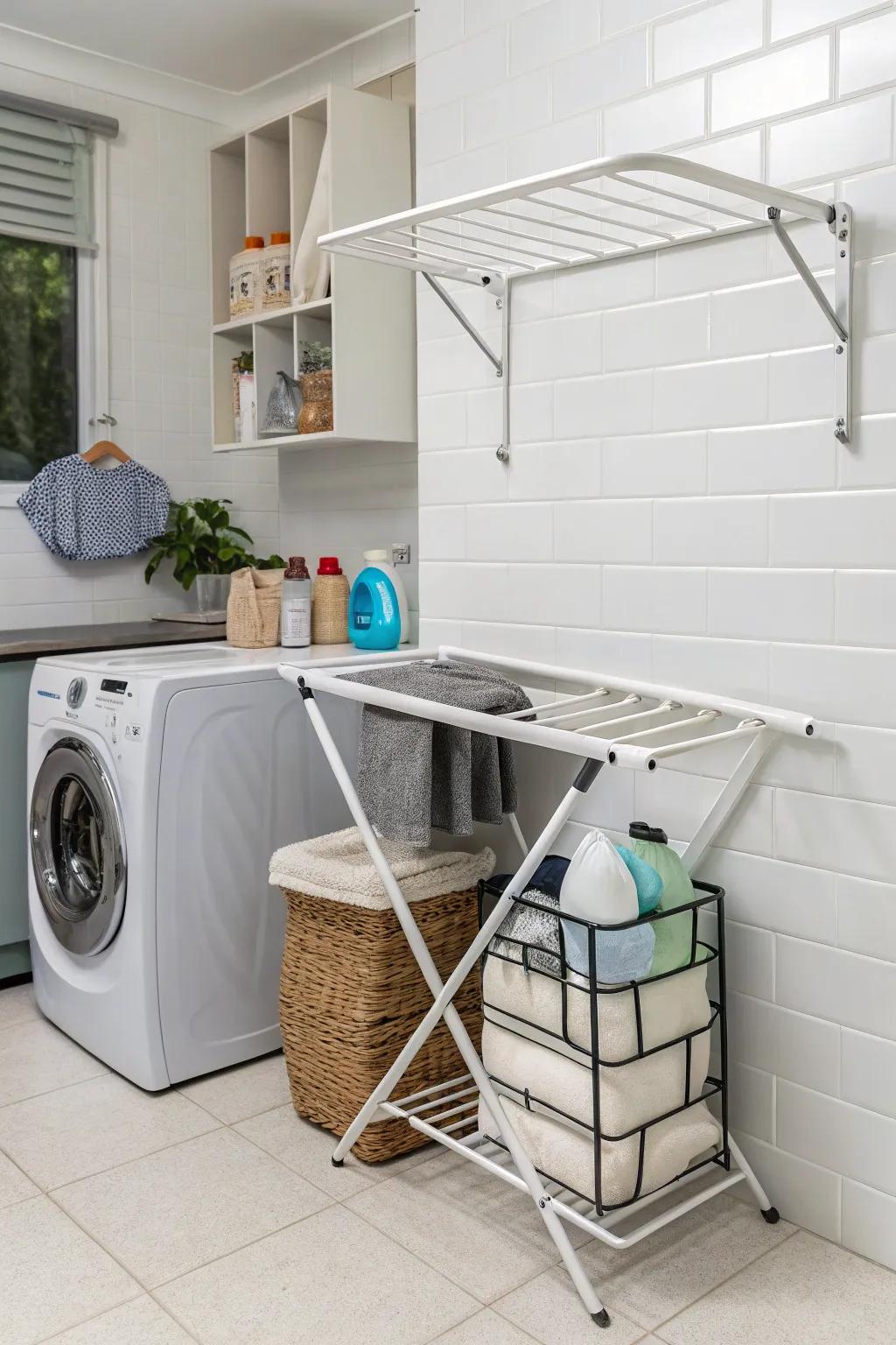 A foldable drying mount that seamlessly merges into the laundry area's wall.
