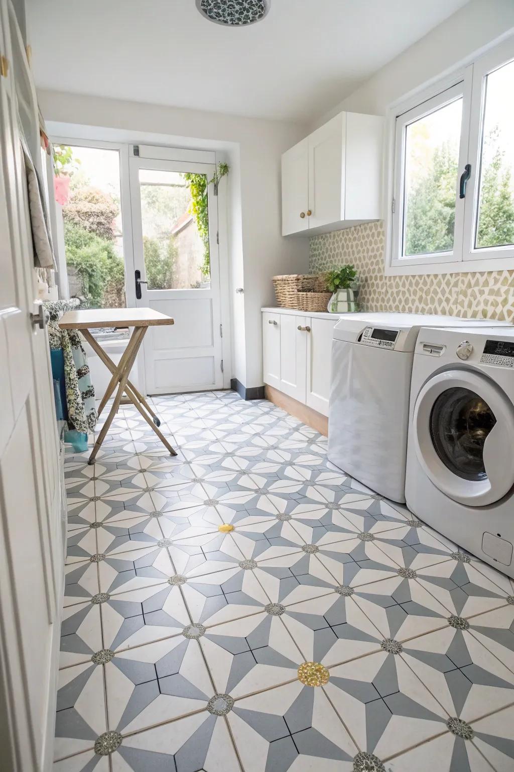 Geometric patterned tiles add vibrancy to this laundry room.