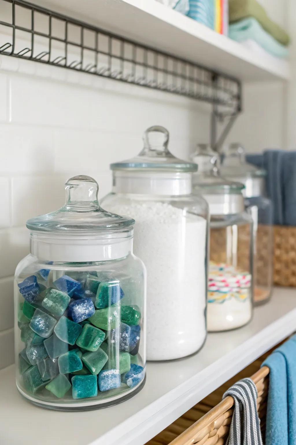 Clear glass jars provide an elegant storage solution for your laundry necessities.